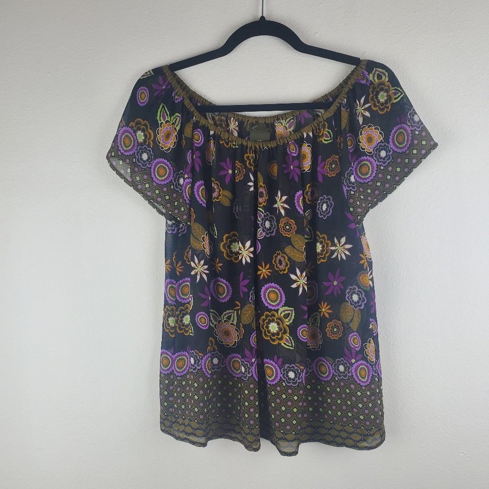 Anthropologie Fei top off shoulder chiffon printed S black boho